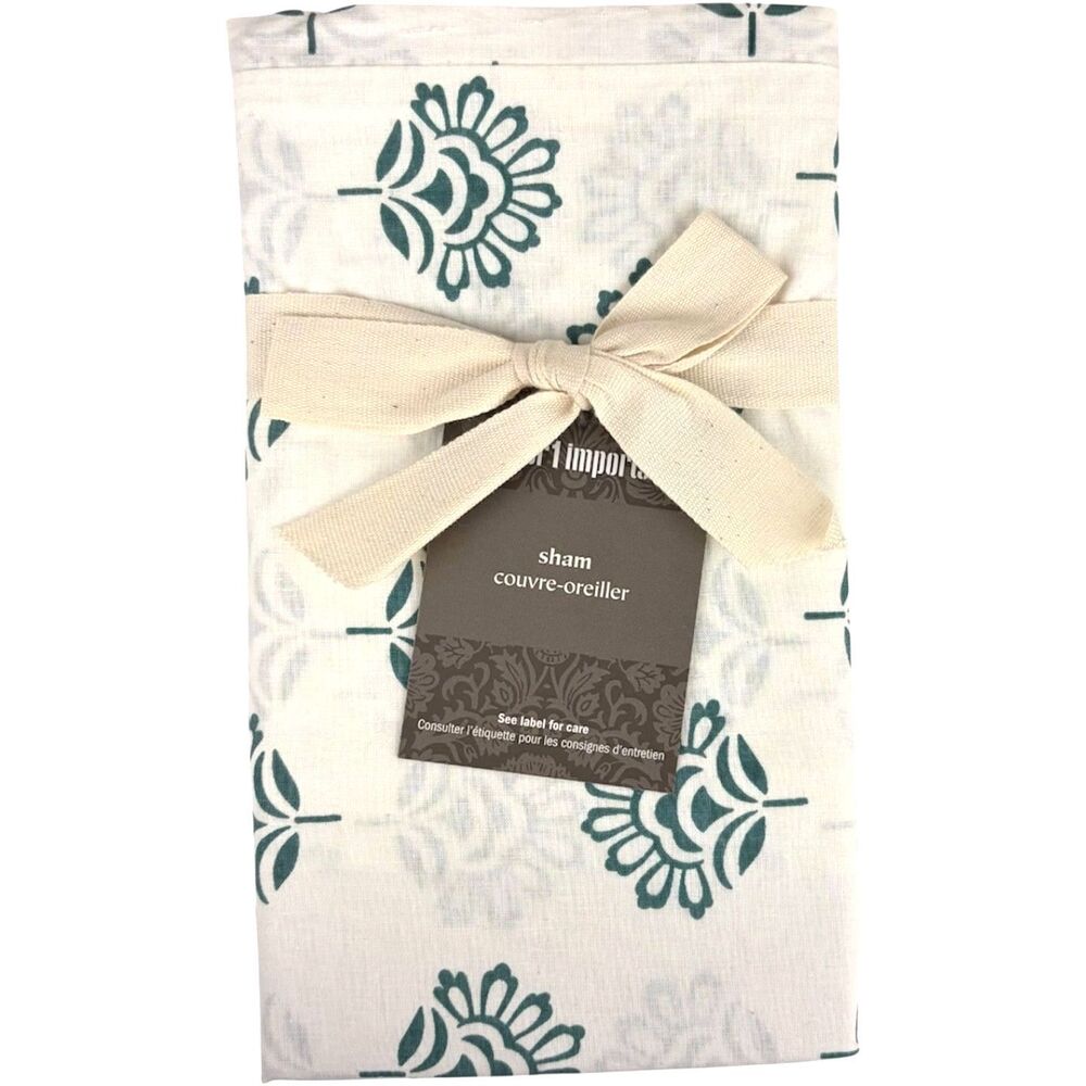 Pier 1 Imports Cream/Teal Floral Botanical Boho Standard Size Pillow Sham NEW